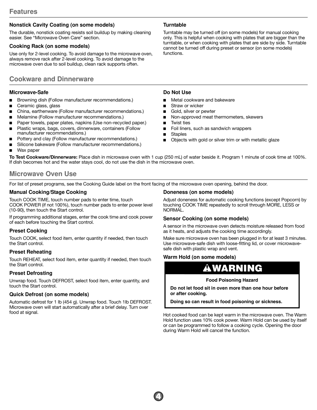 Amana AMV2175CS, AMV2175CW, AMV2175CB important safety instructions Features, Cookware and Dinnerware, Microwave Oven Use 