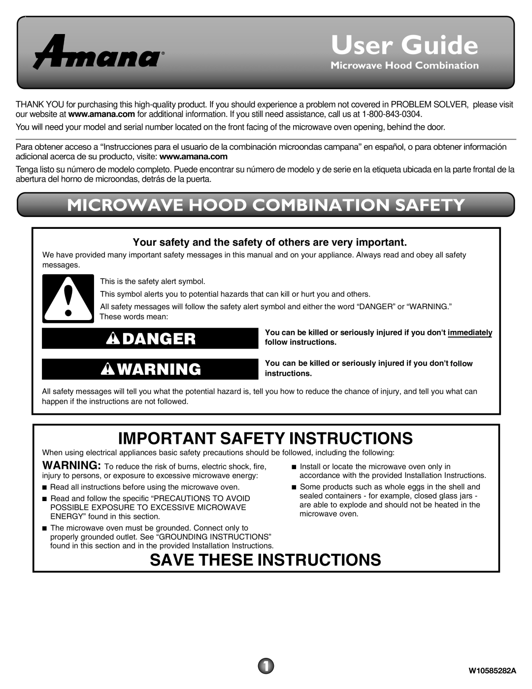 Amana AMV2175CS important safety instructions Microwave Hood Combination Safety, Important Safety Instructions, User Guide 