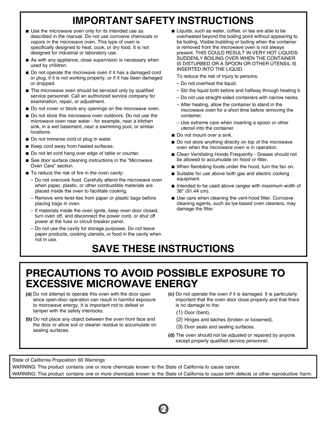Amana AMV2175CB Precautions To Avoid Possible Exposure To Excessive Microwave Energy, Important Safety Instructions 