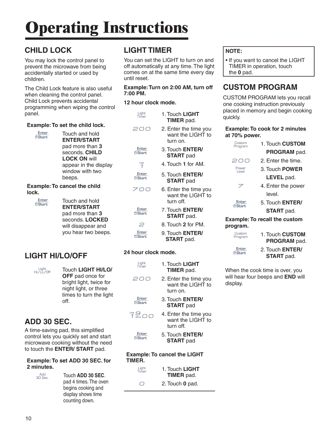 Amana AMV5164BA/BC important safety instructions Child Lock, Light HI/LO/OFF, ADD 30 SEC, Light Timer, Custom Program 