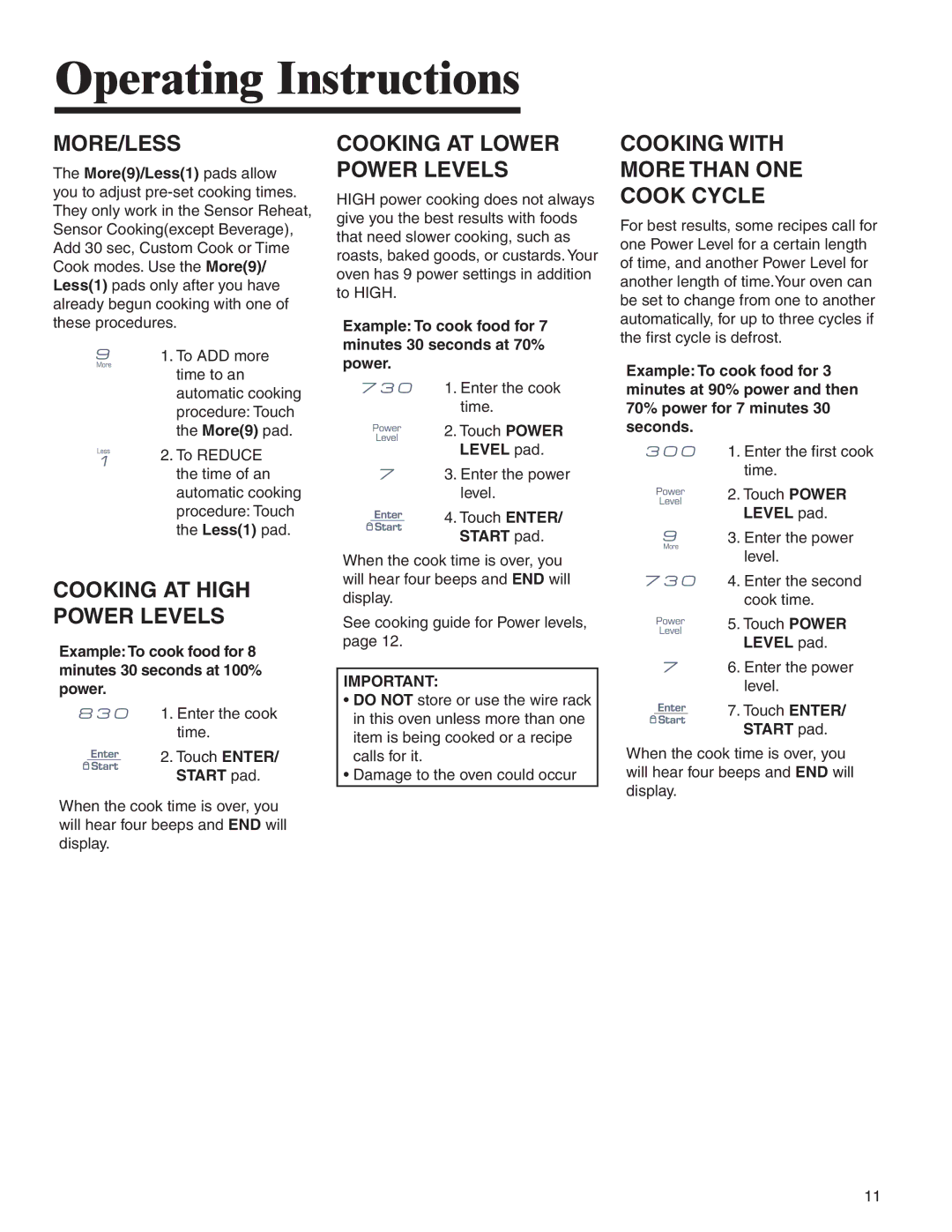 Amana AMV5164BA/BC important safety instructions More/Less, Cooking AT High Power Levels, Cooking AT Lower Power Levels 