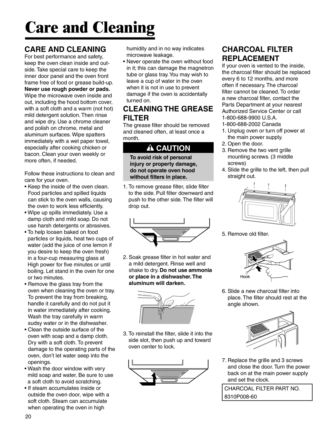 Amana AMV5164BA/BC important safety instructions Care and Cleaning, Cleaning the Grease Filter, Charcoal Filter Replacement 