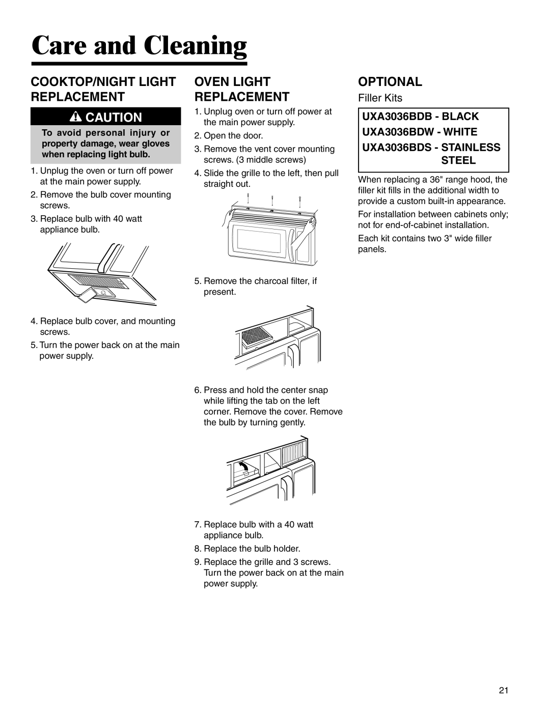 Amana AMV5164BA/BC important safety instructions COOKTOP/NIGHT Light Replacement, Oven Light Replacement, Optional 