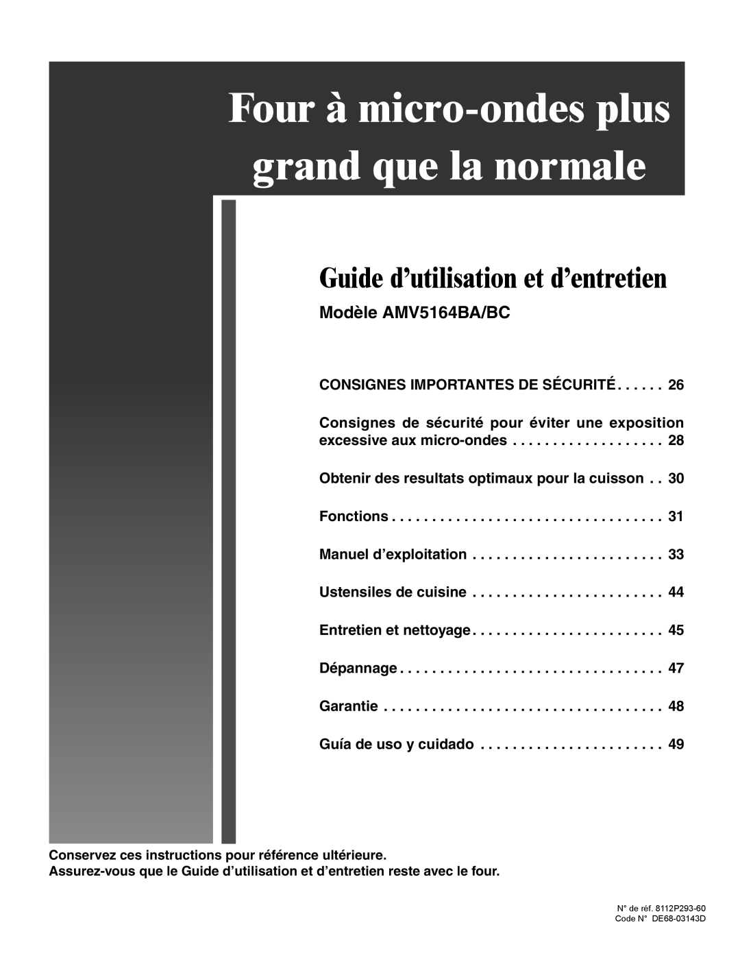 Amana AMV5164BA/BC important safety instructions Four à micro-ondes plus Grand que la normale 