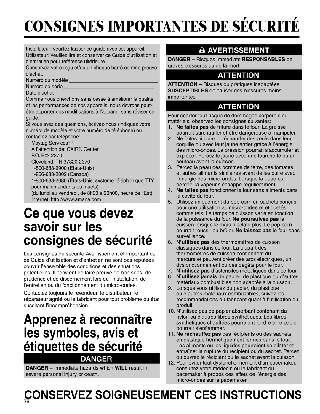 Amana AMV5164BA/BC important safety instructions Consignes Importantes DE Sécurité 