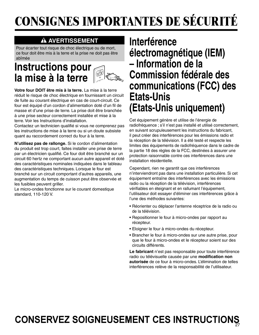 Amana AMV5164BA/BC important safety instructions Consignes Importantes DE Sécurité 