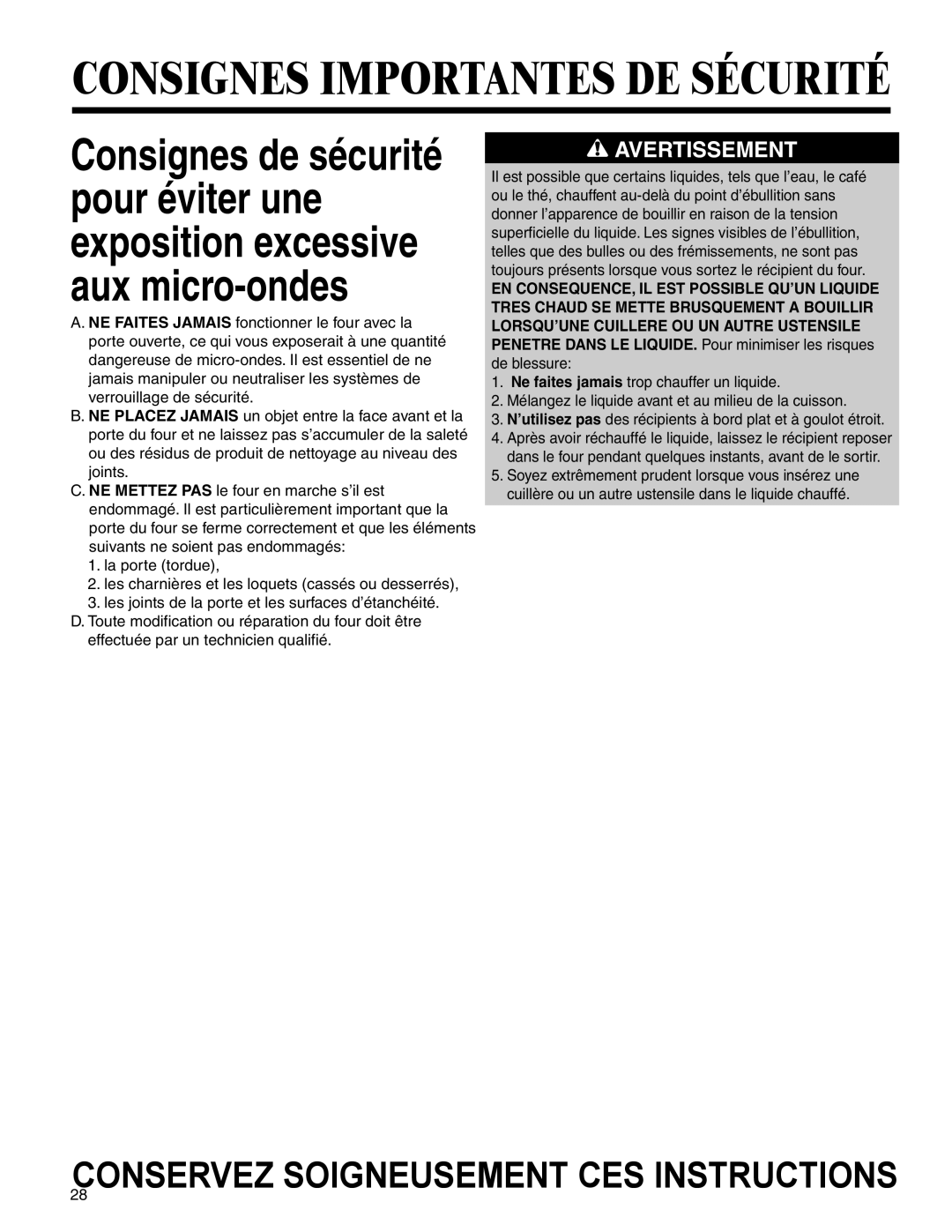 Amana AMV5164BA/BC important safety instructions Consignes Importantes DE Sécurité 