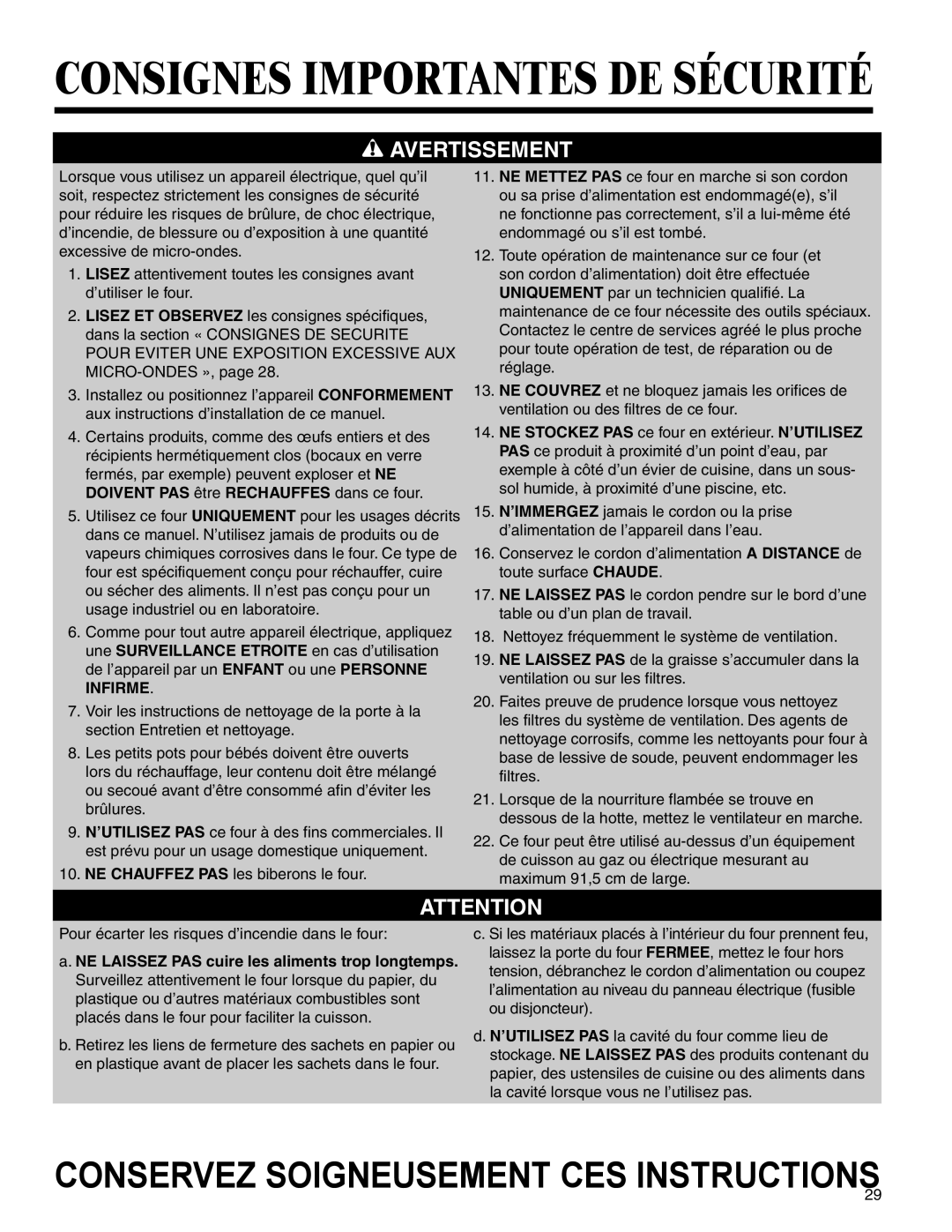 Amana AMV5164BA/BC important safety instructions Consignes Importantes DE Sécurité 