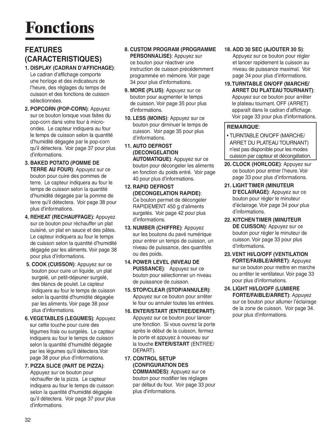 Amana AMV5164BA/BC important safety instructions Features Caracteristiques, Remarque 