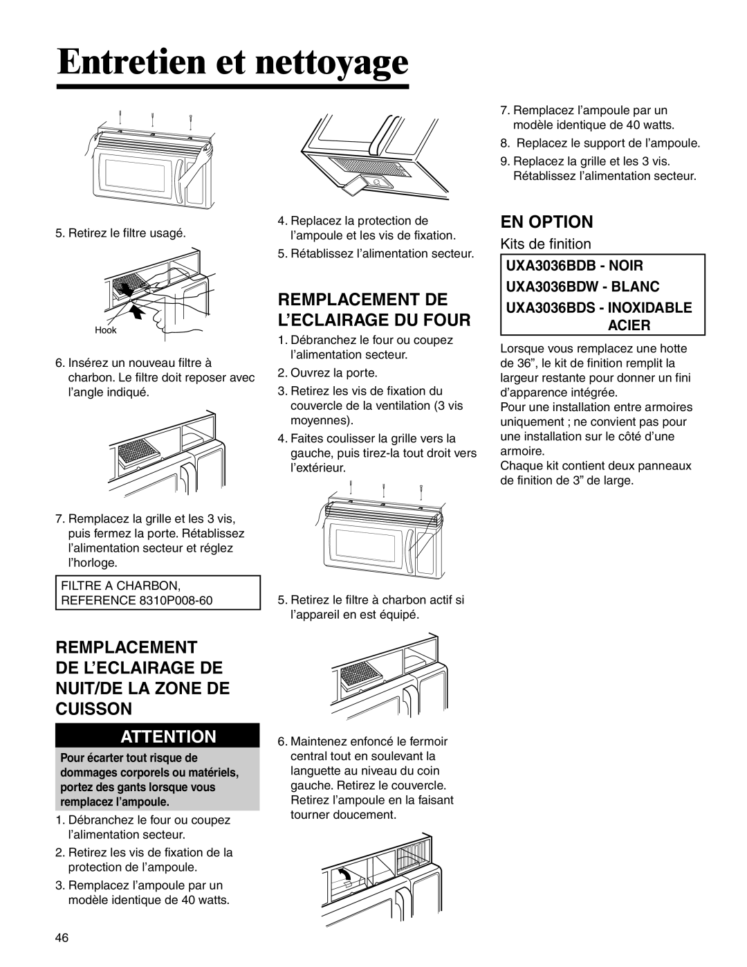 Amana AMV5164BA/BC important safety instructions EN Option, Remplacement DE L’ECLAIRAGE DE NUIT/DE LA Zone DE Cuisson 