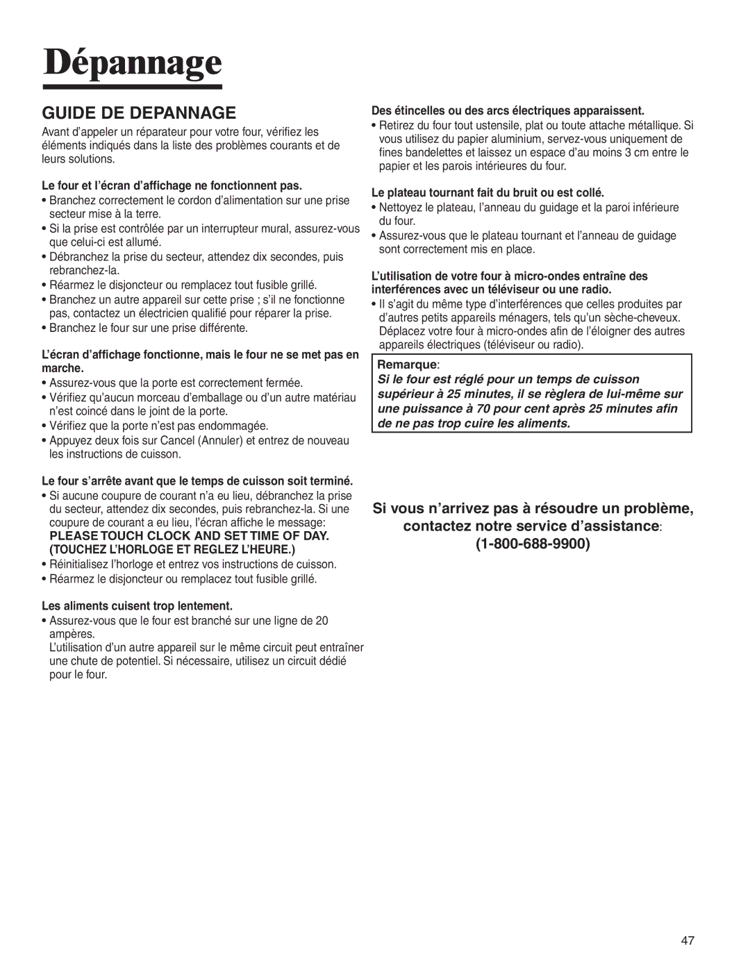 Amana AMV5164BA/BC important safety instructions Dépannage, Guide DE Depannage 