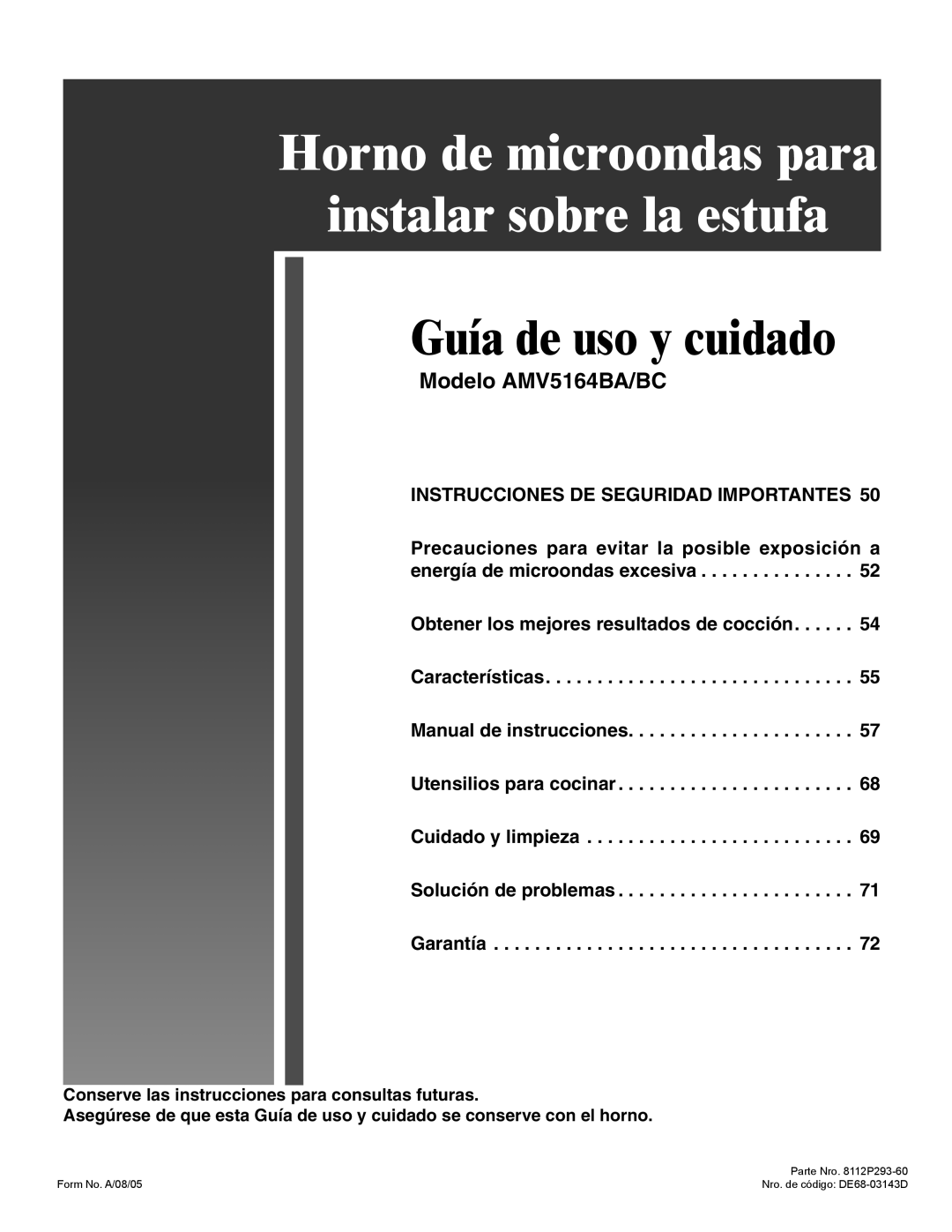 Amana AMV5164BA/BC important safety instructions Horno de microondas para Instalar sobre la estufa 