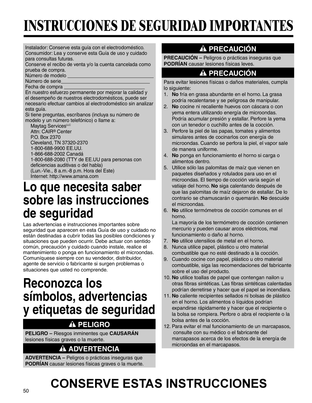 Amana AMV5164BA/BC important safety instructions Conserve Estas Instrucciones 