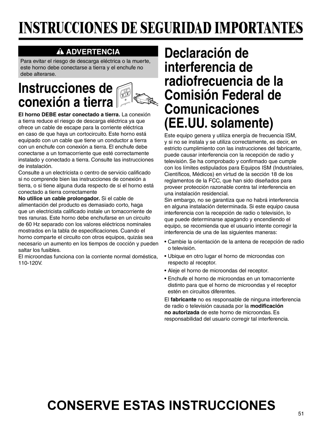 Amana AMV5164BA/BC important safety instructions Instrucciones de conexión a tierra 