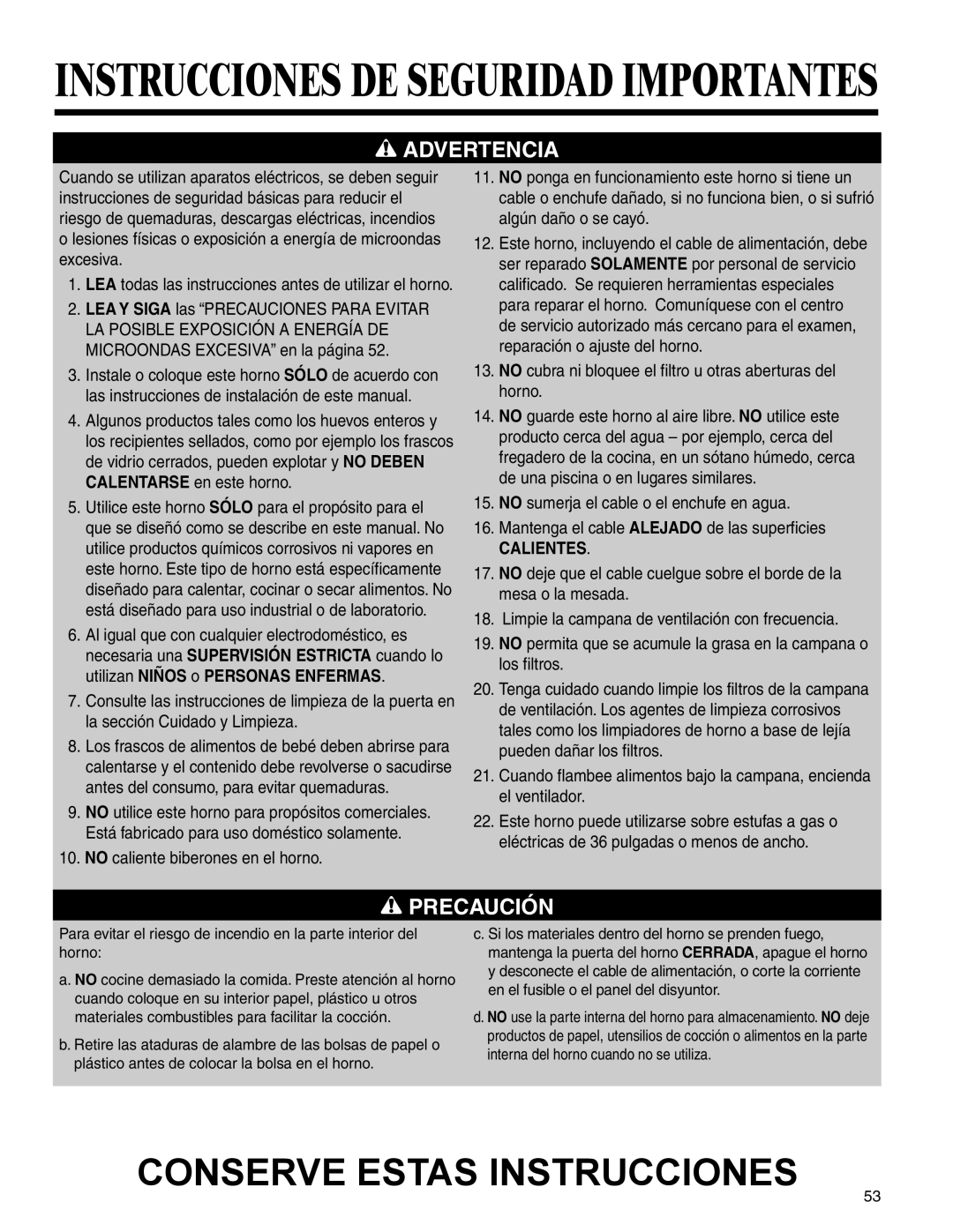 Amana AMV5164BA/BC important safety instructions Calientes 