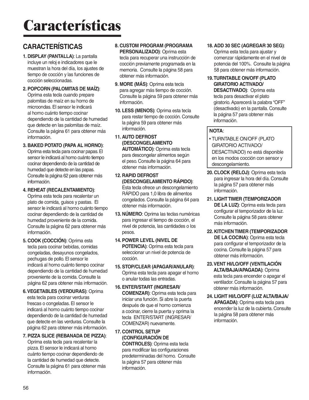 Amana AMV5164BA/BC important safety instructions Características, Nota 