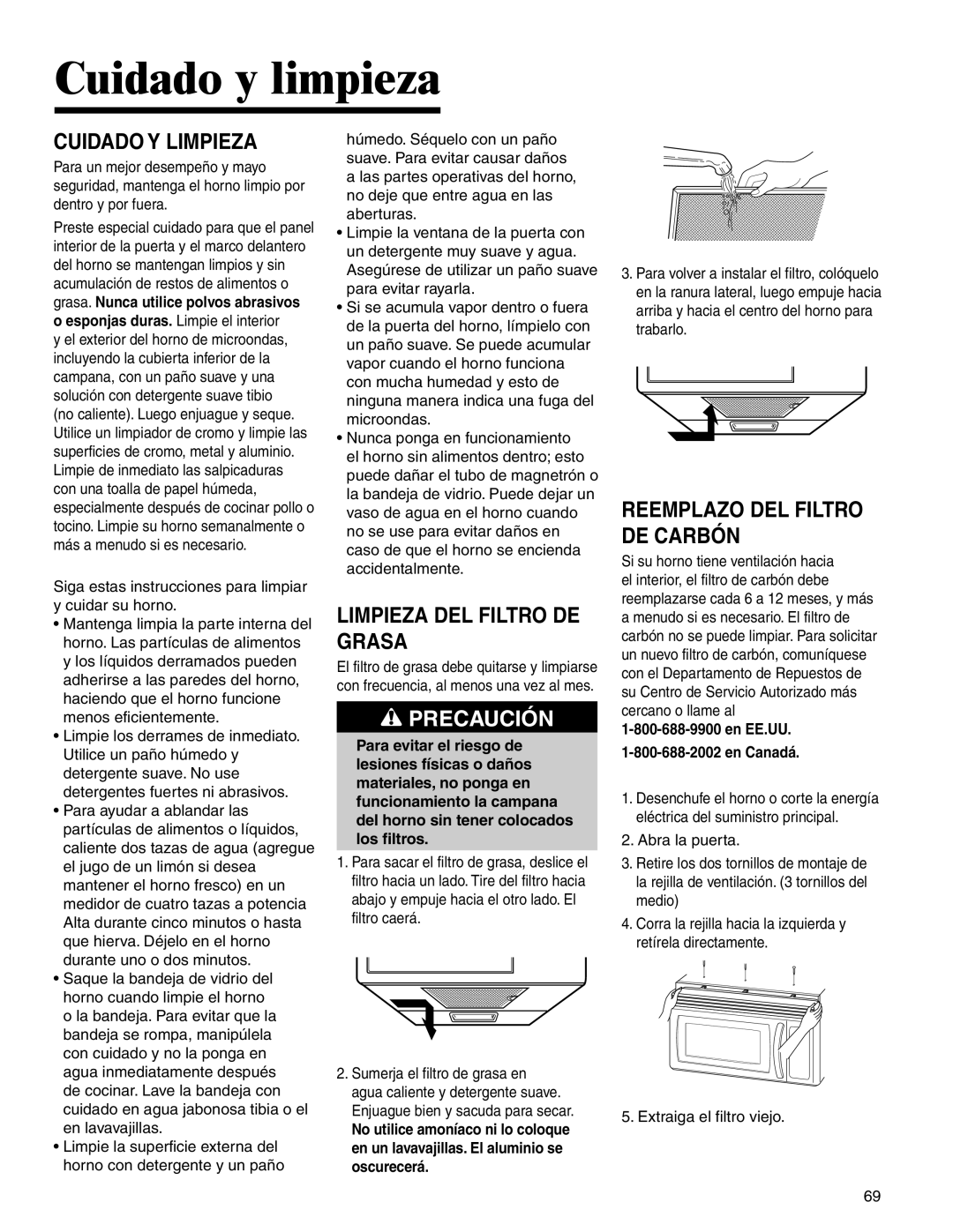 Amana AMV5164BA/BC Cuidado y limpieza, Cuidado Y Limpieza, Limpieza DEL Filtro DE Grasa, Reemplazo DEL Filtro DE Carbón 