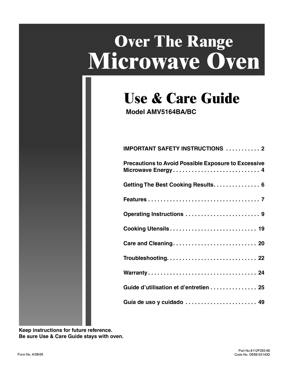 Amana important safety instructions Over The Range, Use & Care Guide, Model AMV5164BA/BC, Microwave Oven 