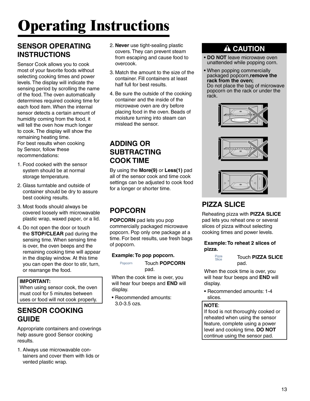 Amana AMV5164BA/BC Sensor Operating Instructions, Sensor Cooking Guide, Adding Or Subtracting Cook Time, Popcorn 