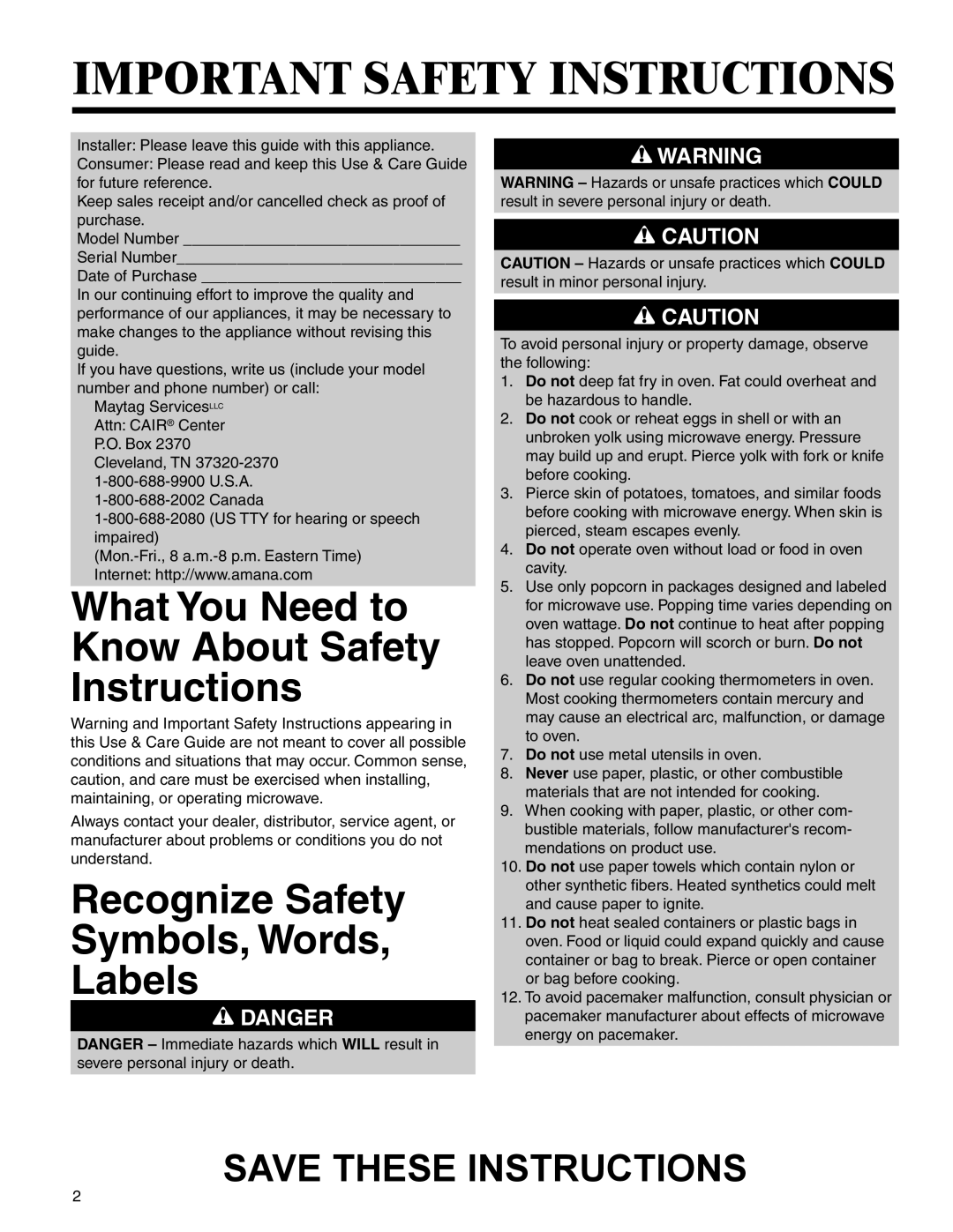 Amana AMV5164BA/BC Important Safety Instructions, What You Need to Know About Safety Instructions, Save These Instructions 