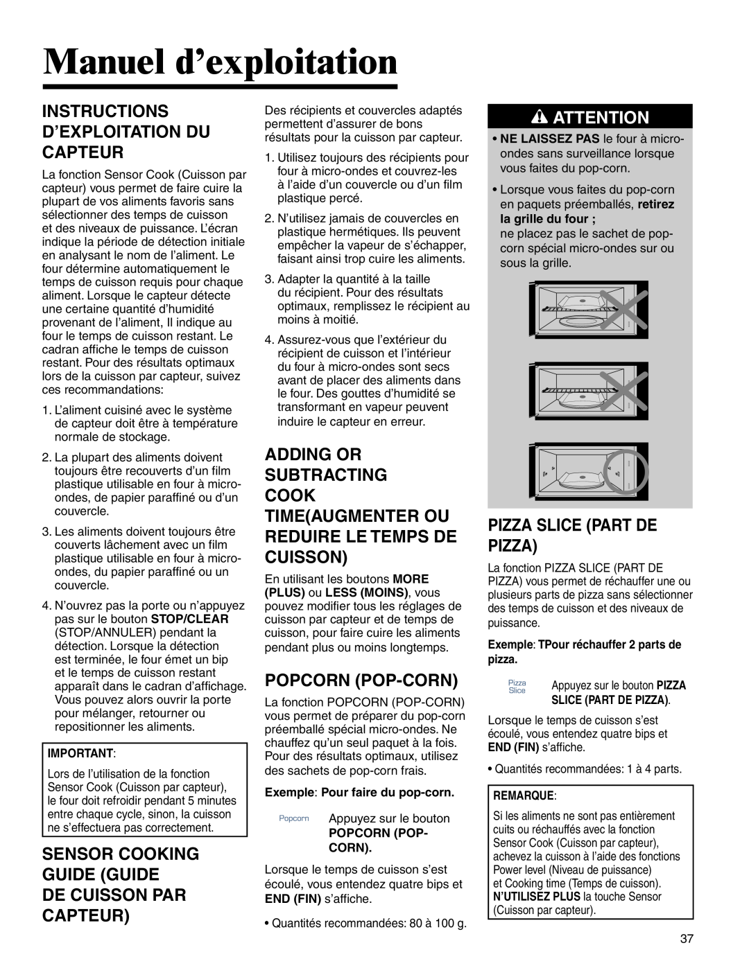 Amana AMV5164BA/BC Instructions D’Exploitation Du Capteur, Sensor Cooking Guide Guide De Cuisson Par Capteur 