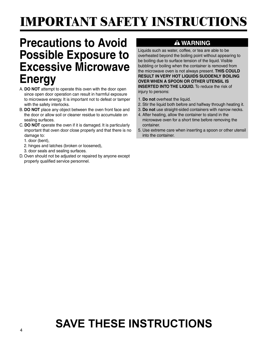 Amana AMV5164BA/BC Precautions to Avoid Possible Exposure to Excessive Microwave Energy, Save These Instructions 