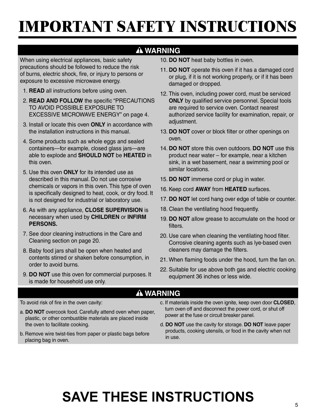 Amana AMV5164BA/BC important safety instructions Important Safety Instructions, Save These Instructions, Persons 