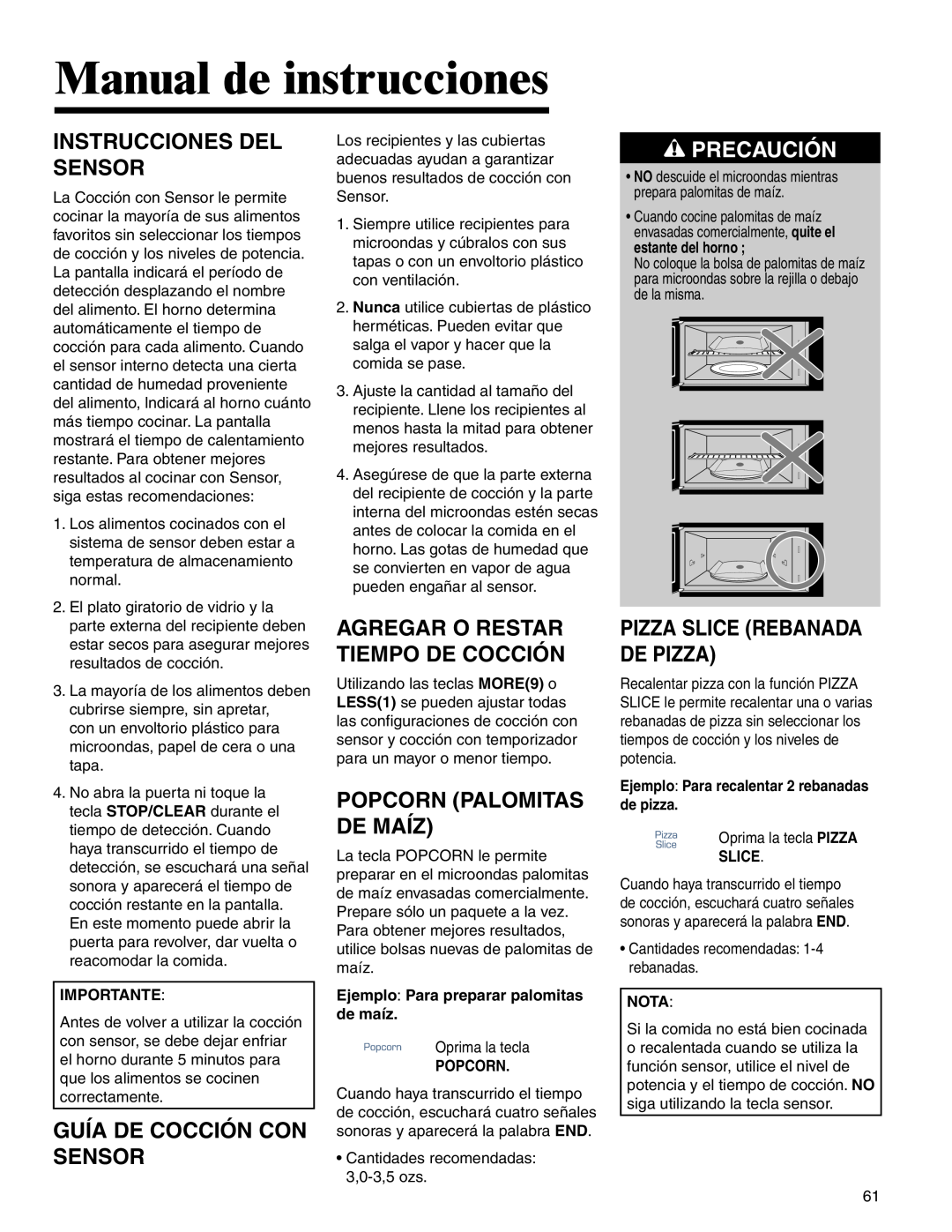 Amana AMV5164BA/BC Instrucciones Del Sensor, Guía De Cocción Con Sensor, Popcorn Palomitas De Maíz, Precaución 
