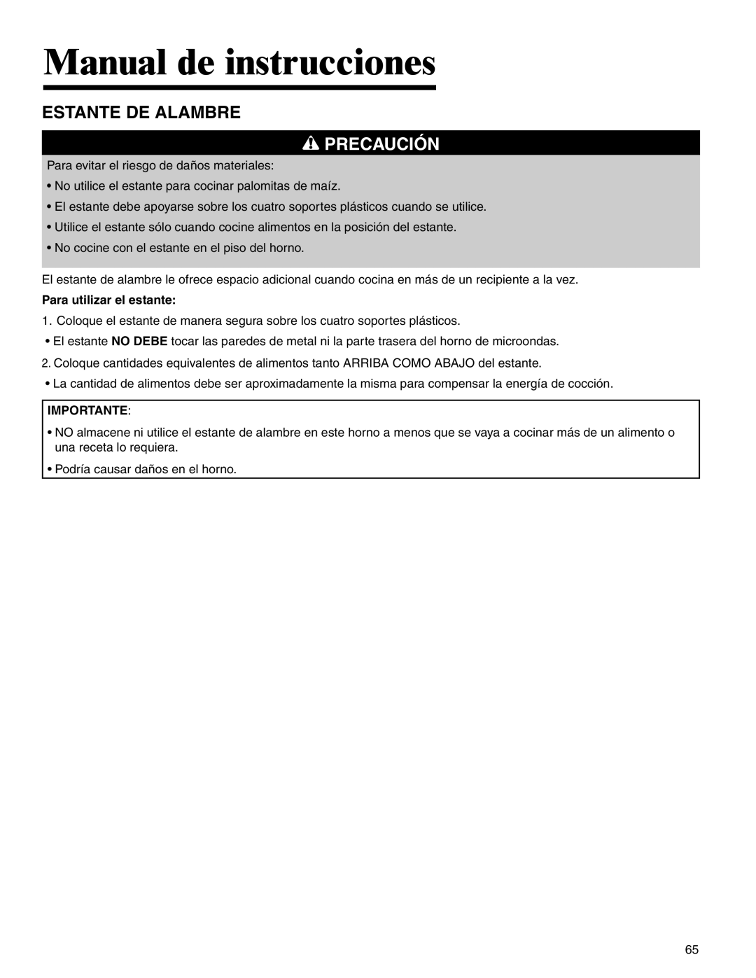 Amana AMV5164BA/BC important safety instructions Estante De Alambre, Manual de instrucciones, Precaución 