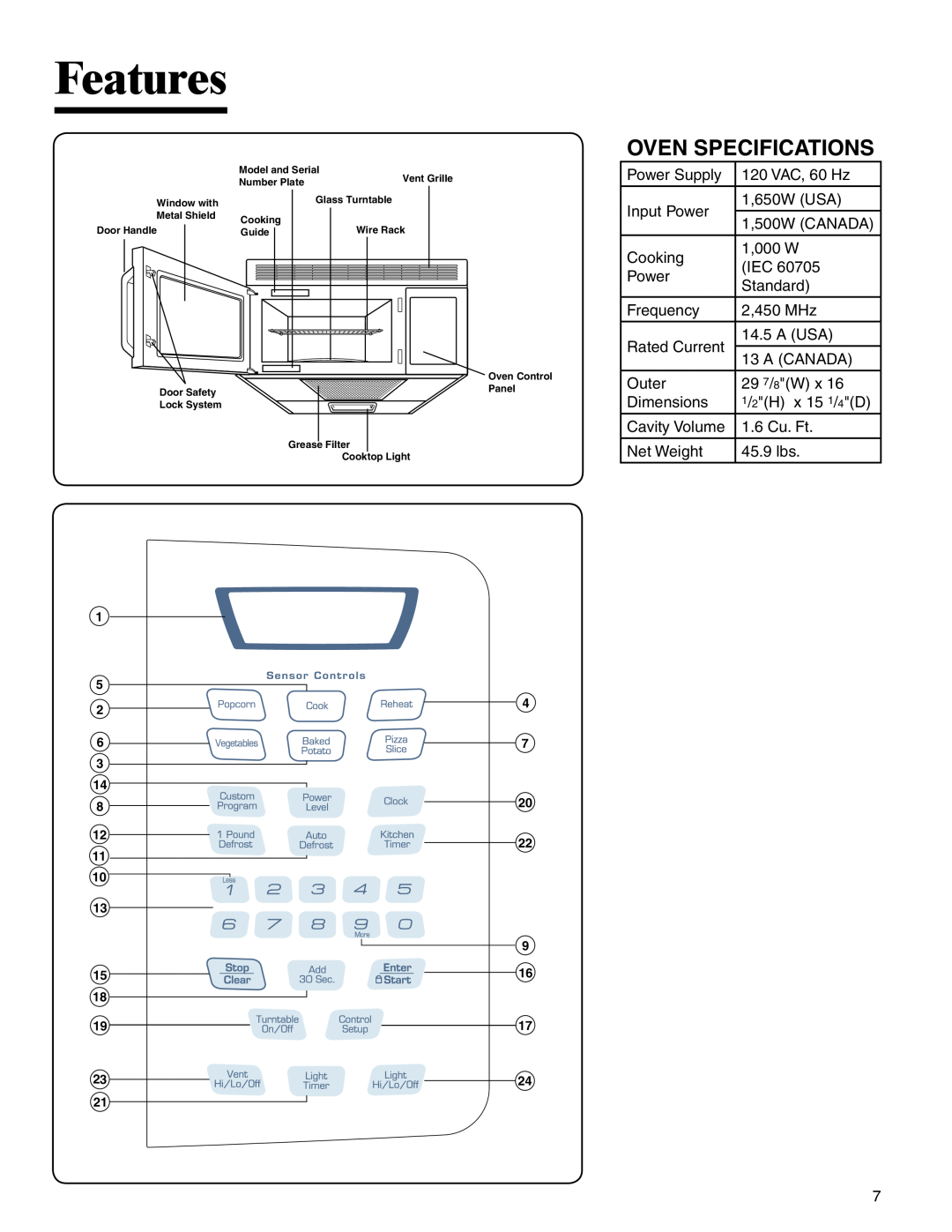 Amana AMV5164BA/BC important safety instructions Features, Oven Specifications 