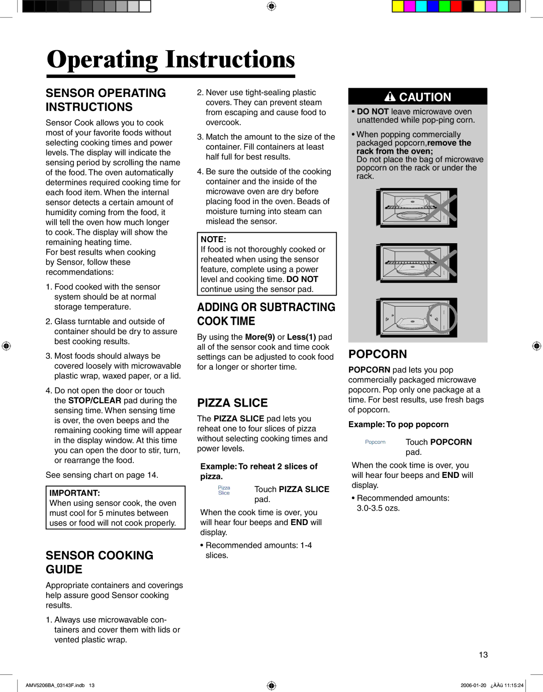 Amana AMV5206BA Sensor Operating Instructions, Sensor Cooking Guide, Pizza Slice, Popcorn, Adding or Subtracting Cook Time 