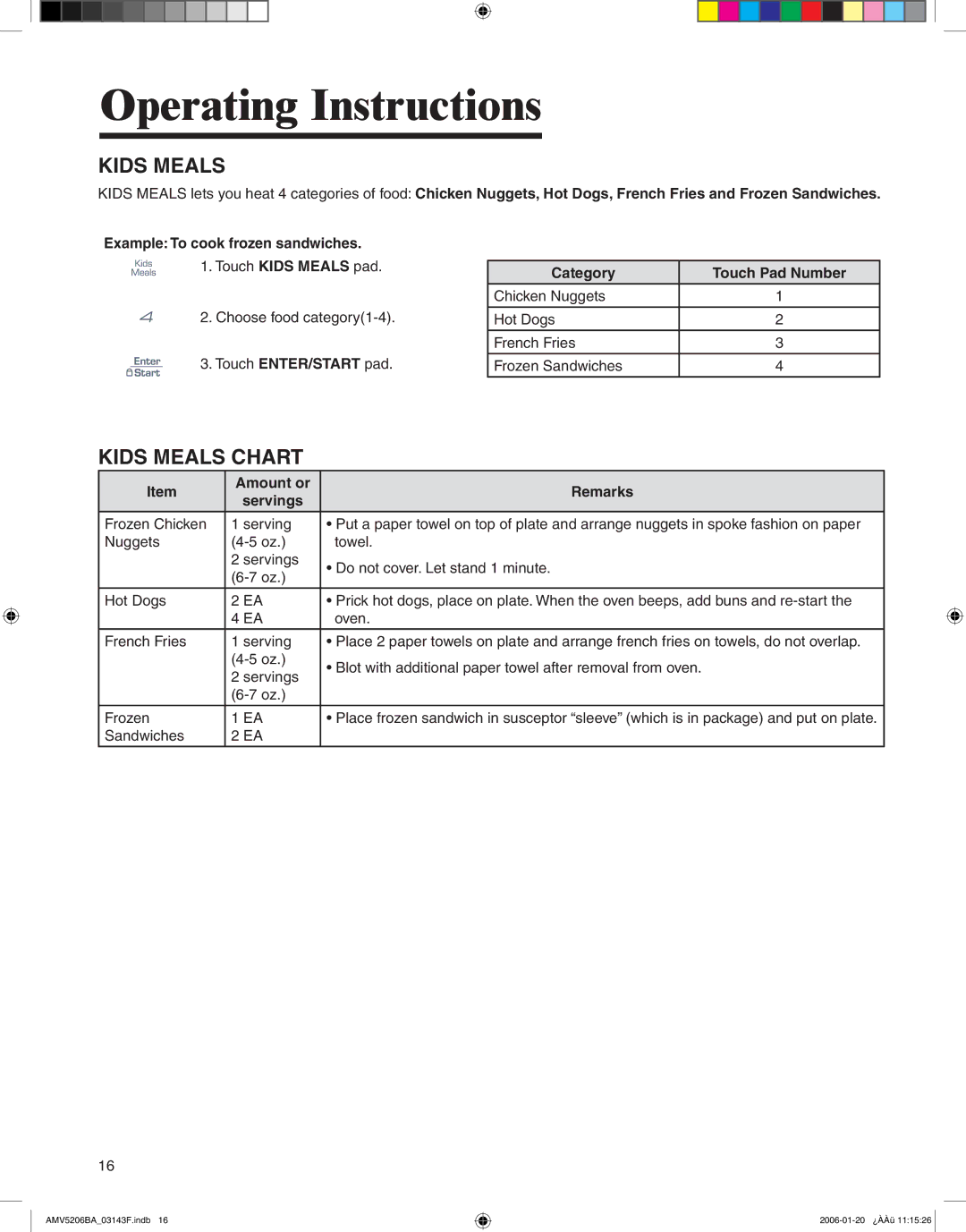 Amana AMV5206BA Kids Meals Chart, Chicken Nuggets Hot Dogs French Fries Frozen Sandwiches, Amount or Remarks Servings 