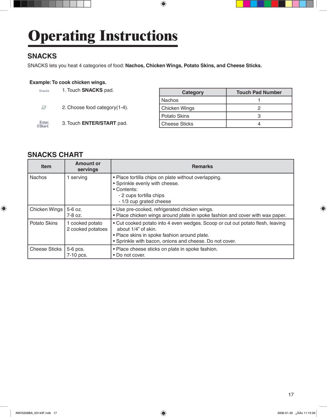 Amana AMV5206BA important safety instructions Snacks Chart, Nachos Chicken Wings Potato Skins Cheese Sticks 