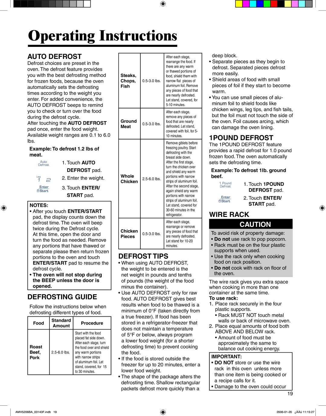 Amana AMV5206BA important safety instructions Auto Defrost, Defrosting Guide, Defrost Tips, 1POUND Defrost, Wire Rack 