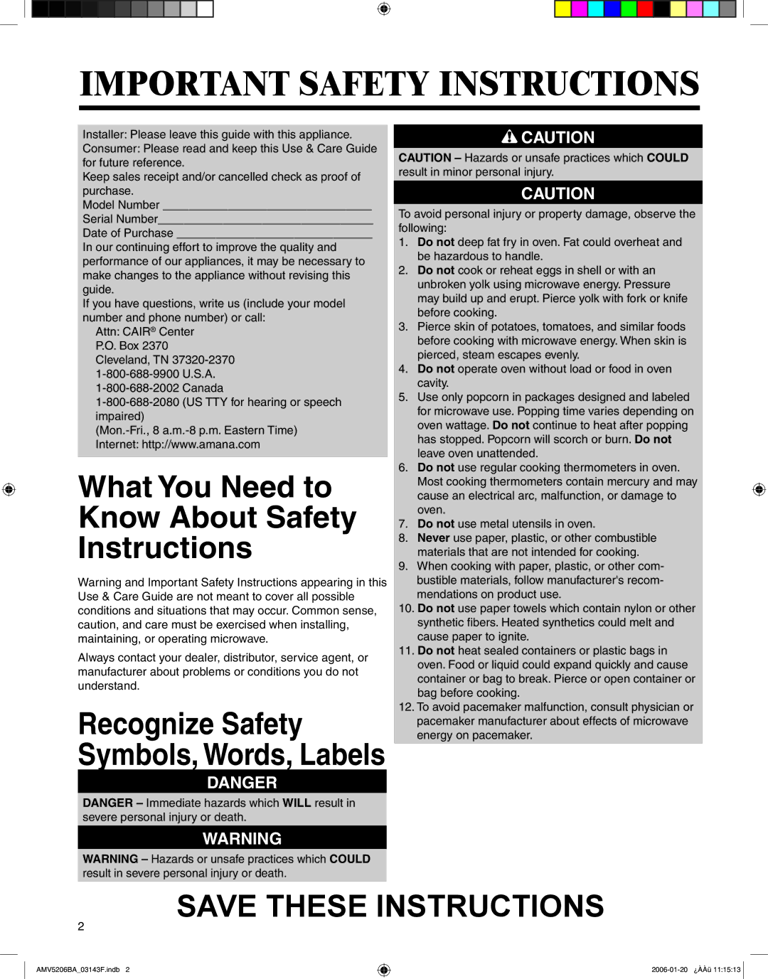 Amana AMV5206BA important safety instructions Important Safety Instructions 