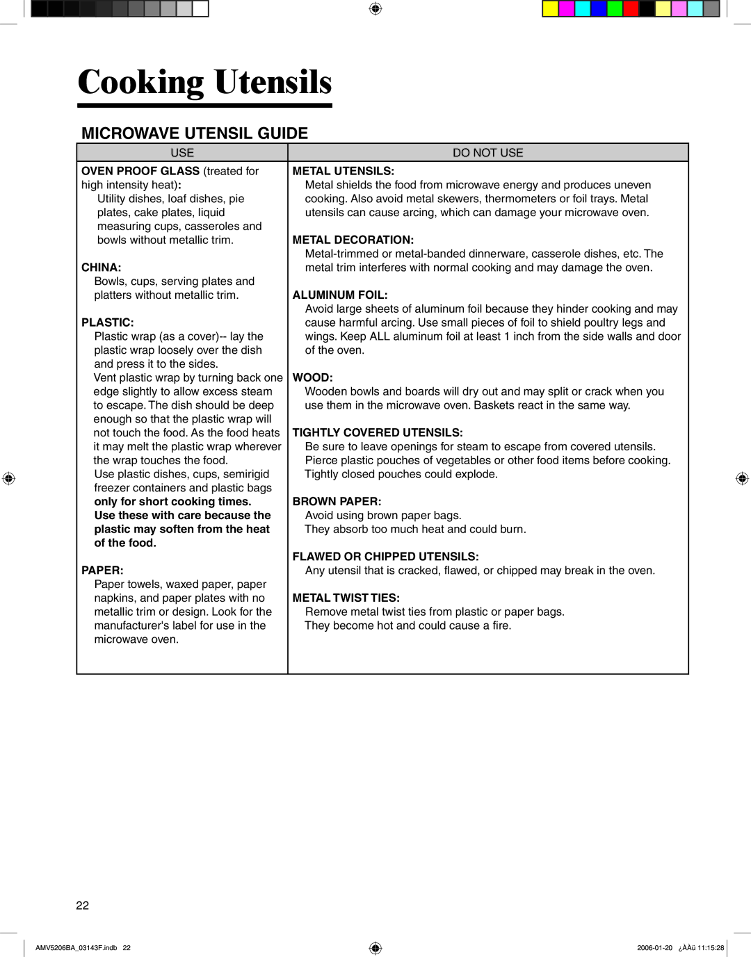 Amana AMV5206BA important safety instructions Cooking Utensils, Microwave Utensil Guide 