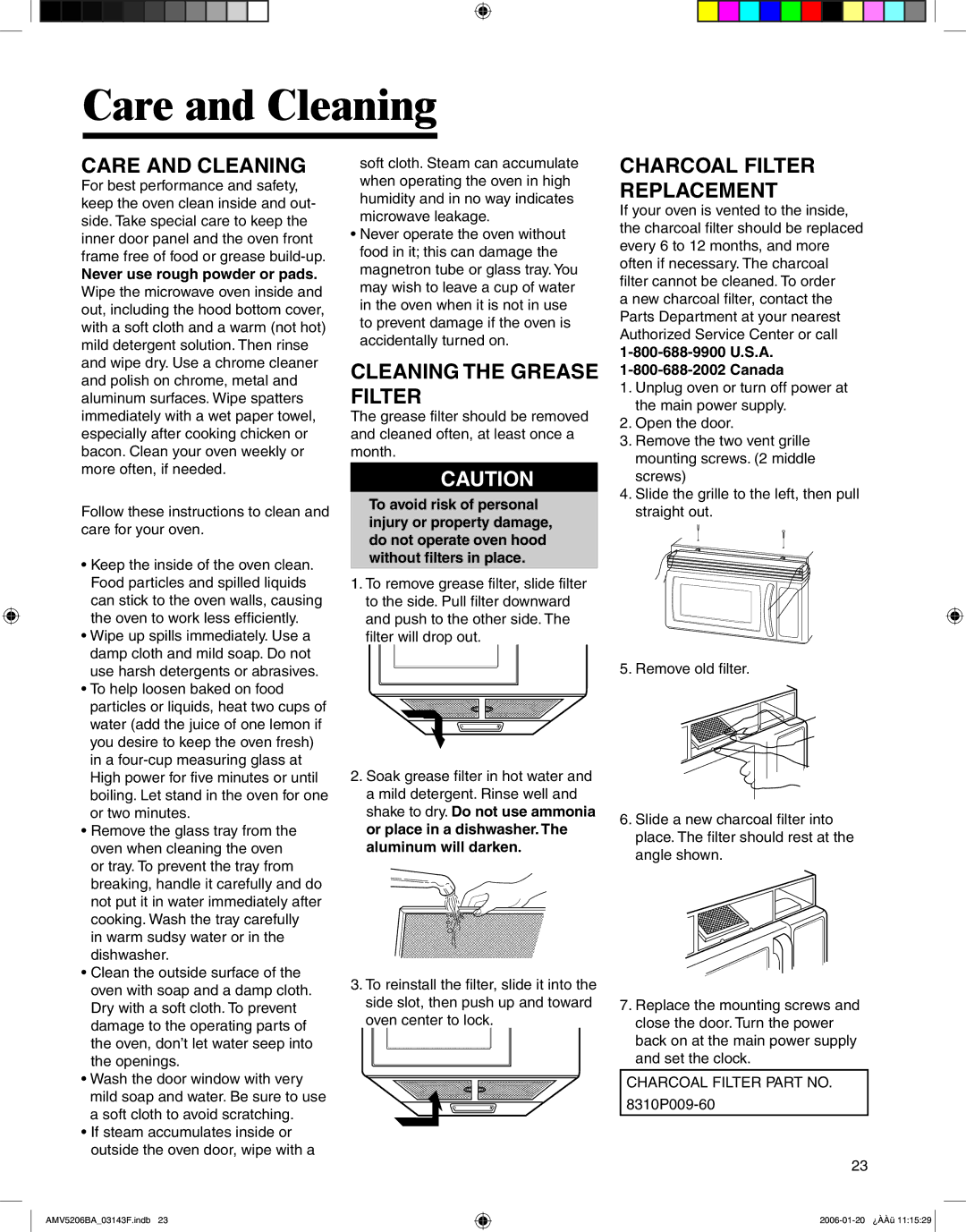 Amana AMV5206BA Care and Cleaning, Cleaning the Grease Filter, Charcoal Filter Replacement, Canada 