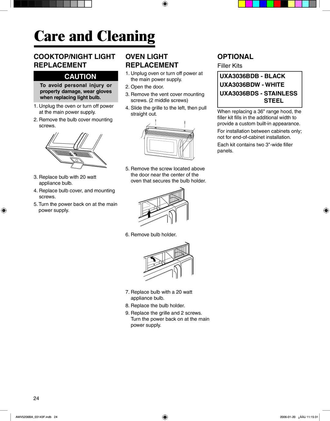 Amana AMV5206BA important safety instructions COOKTOP/NIGHT Light Replacement, Oven Light Replacement, Optional 