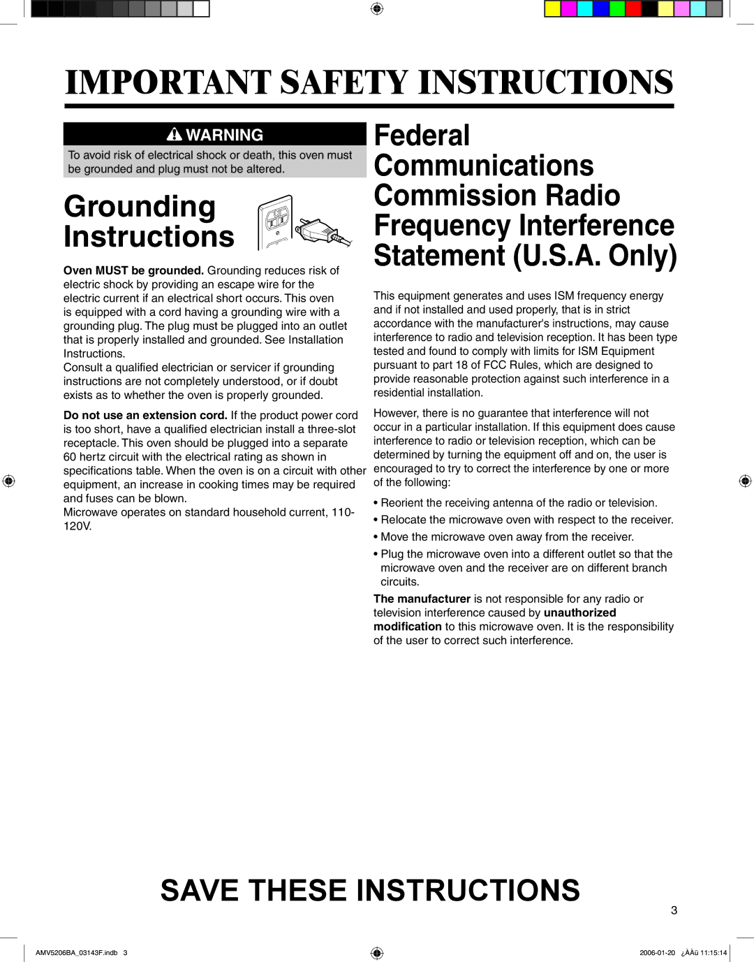 Amana AMV5206BA important safety instructions Grounding Instructions, Microwave operates on standard household current, 110 