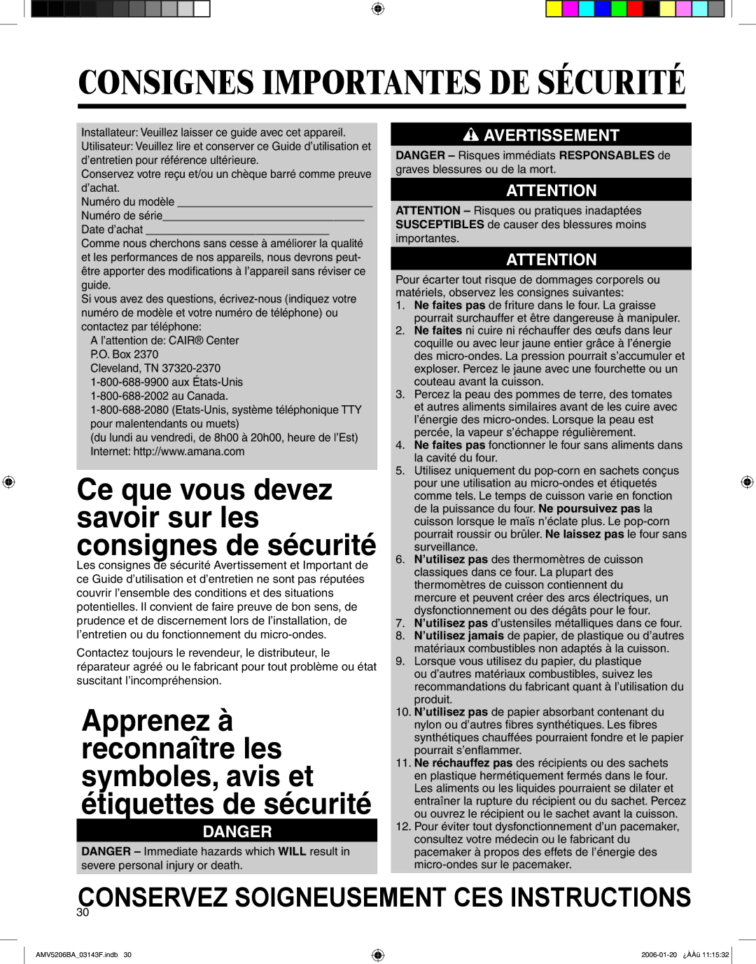 Amana AMV5206BA important safety instructions Consignes Importantes DE Sécurité 