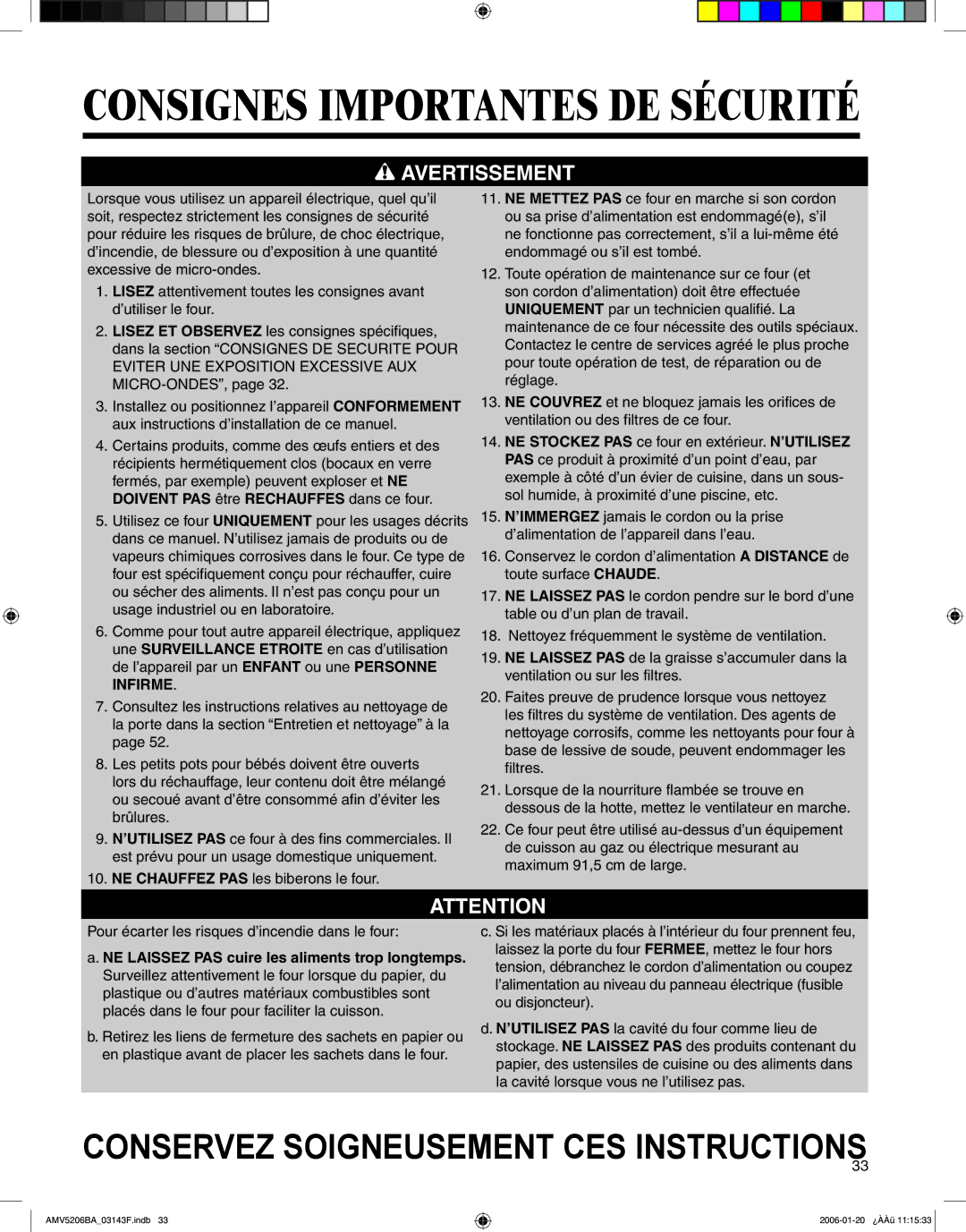 Amana AMV5206BA important safety instructions Consignes Importantes DE Sécurité 