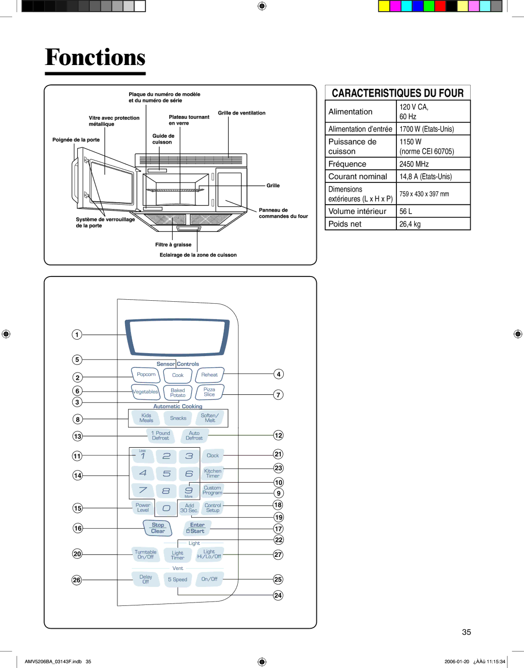 Amana AMV5206BA important safety instructions Fonctions, Caracteristiques DU Four, Alimentation 60 Hz, Etats-Unis 