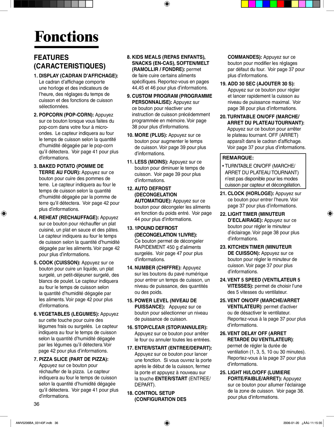 Amana AMV5206BA Features Caracteristiques, Remarque, Reportez-vous à la page 37 pour plus d’informations 