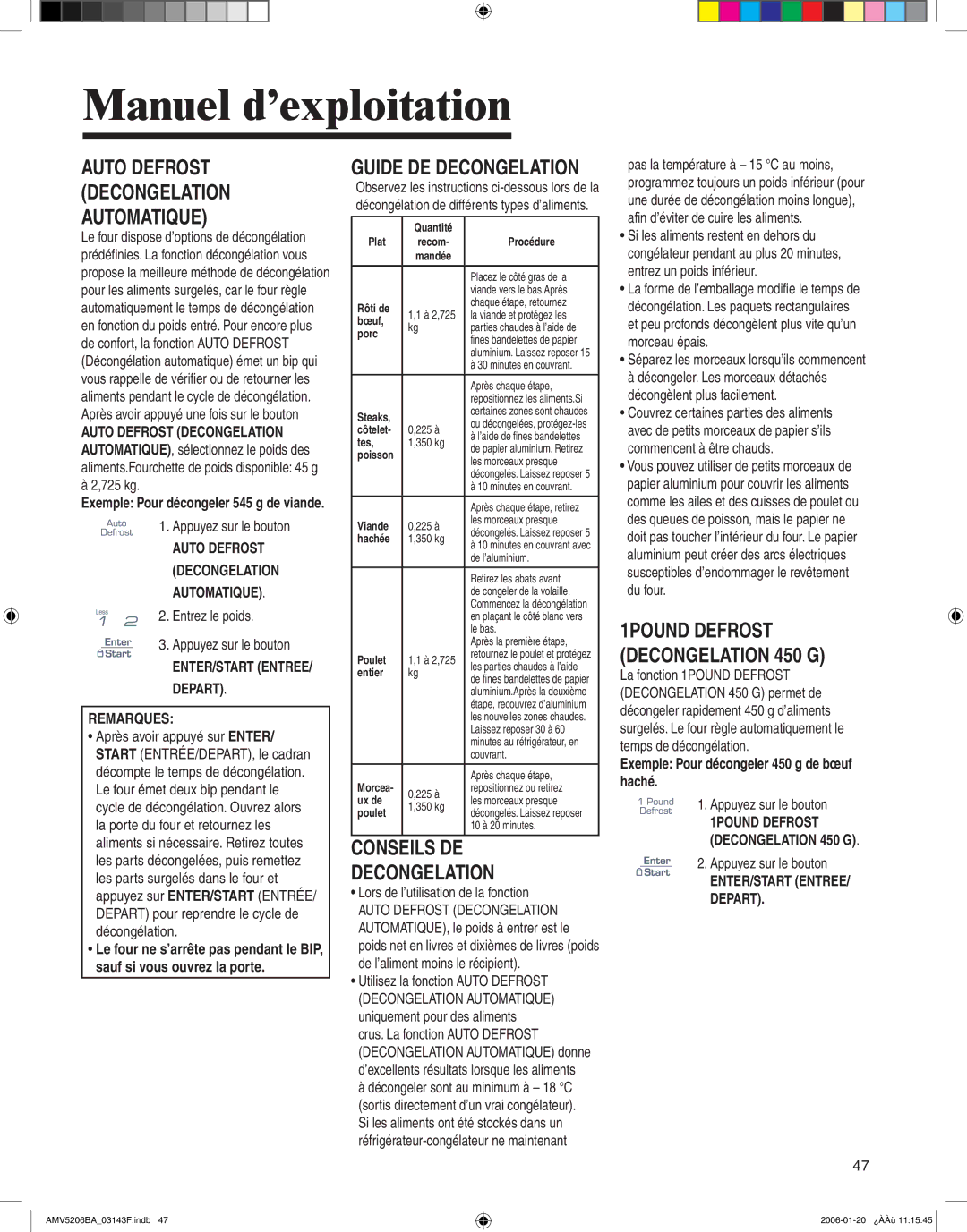 Amana AMV5206BA Conseils DE Decongelation, Guide DE Decongelation, ENTER/START Entree Depart Remarques 