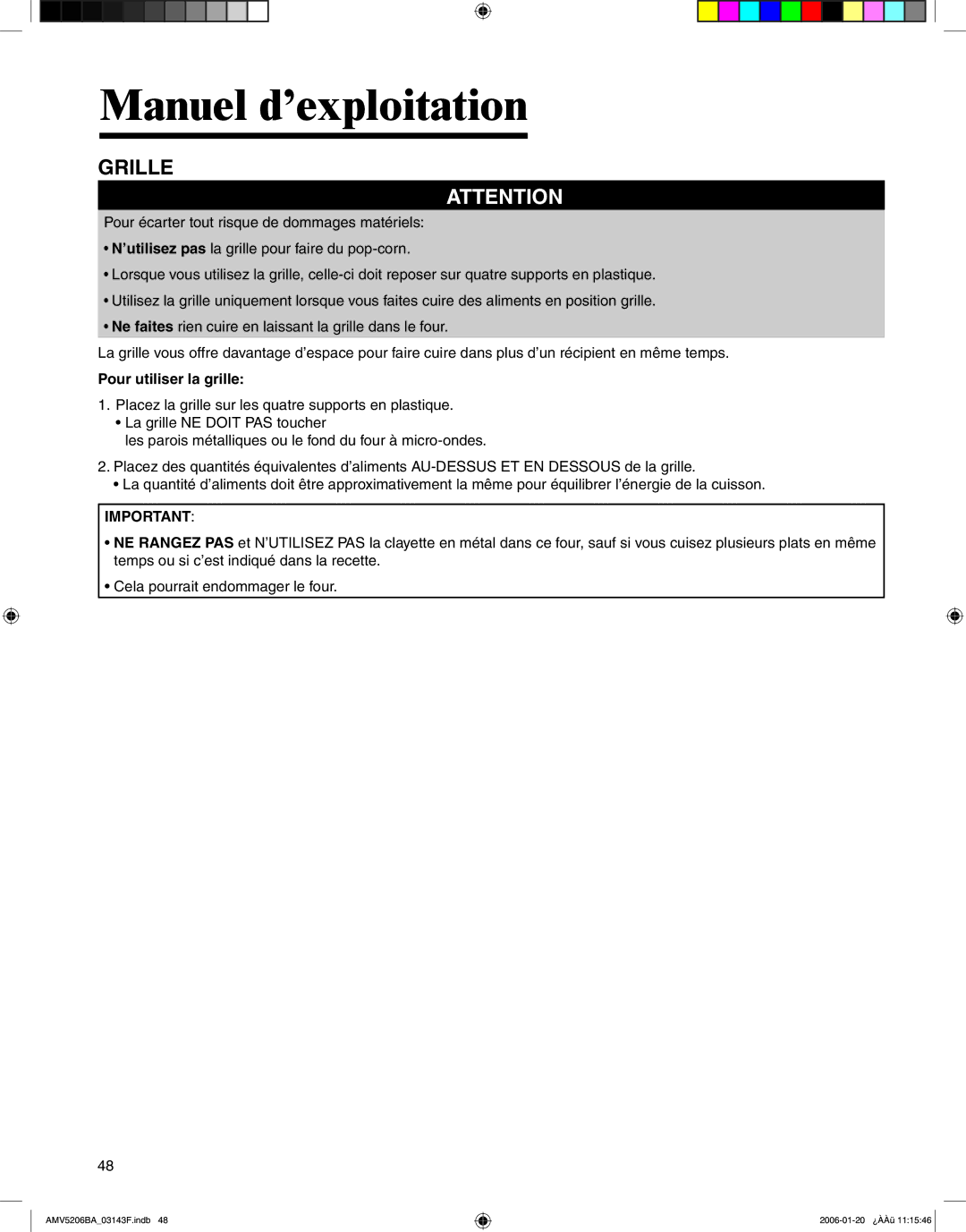 Amana AMV5206BA important safety instructions Grille, Pour utiliser la grille 