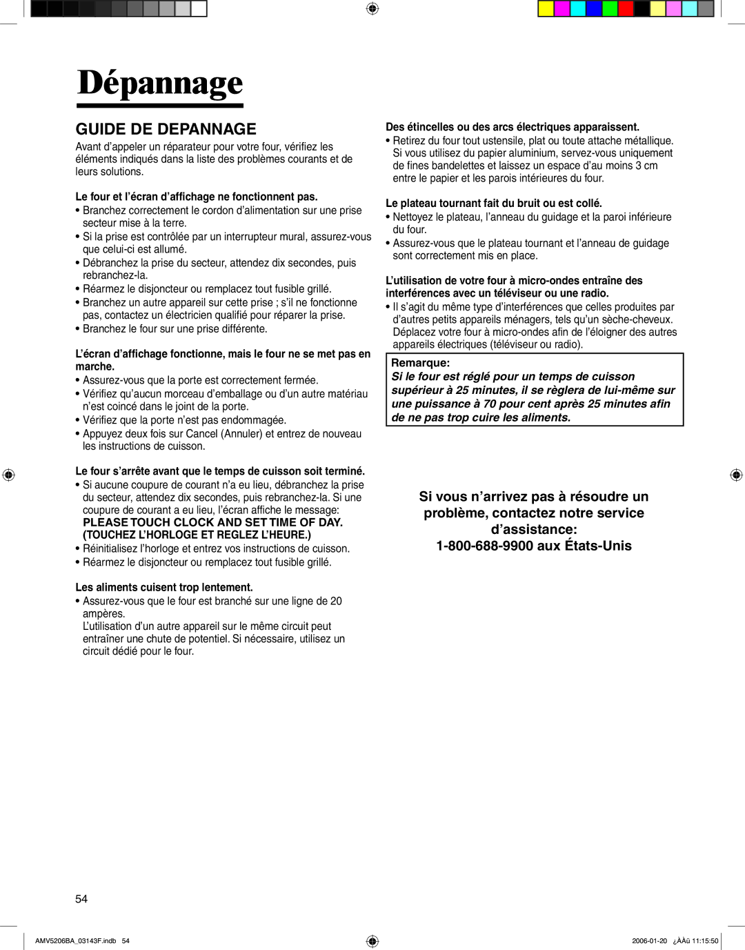 Amana AMV5206BA important safety instructions Dépannage, Guide DE Depannage 