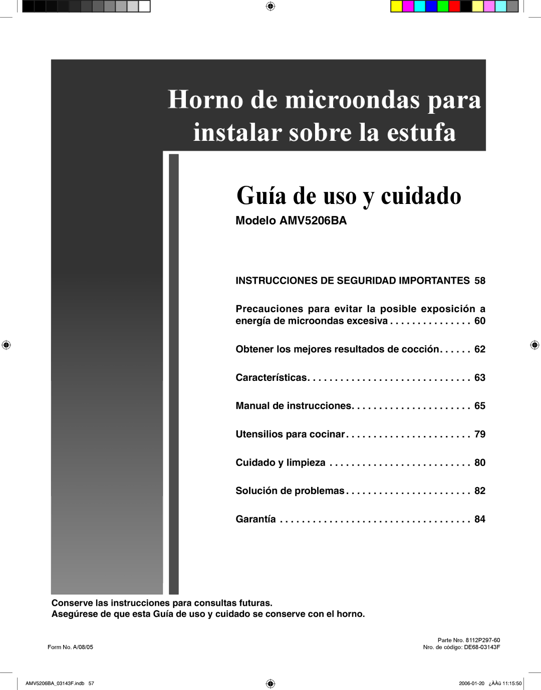 Amana AMV5206BA important safety instructions Horno de microondas para Instalar sobre la estufa 