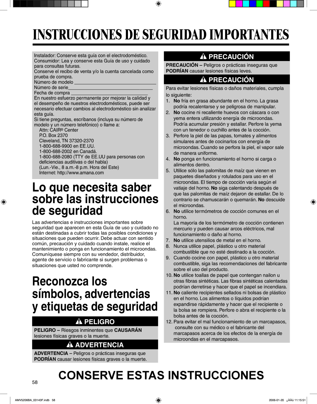 Amana AMV5206BA important safety instructions Instrucciones DE Seguridad Importantes 