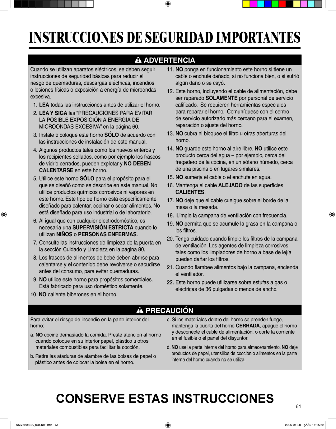 Amana AMV5206BA important safety instructions Calientes, LEA todas las instrucciones antes de utilizar el horno 