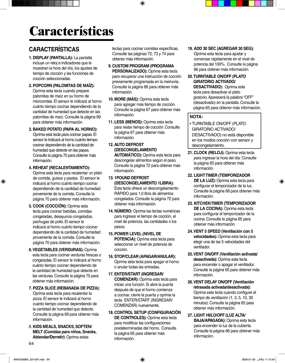 Amana AMV5206BA important safety instructions Características, Nota 